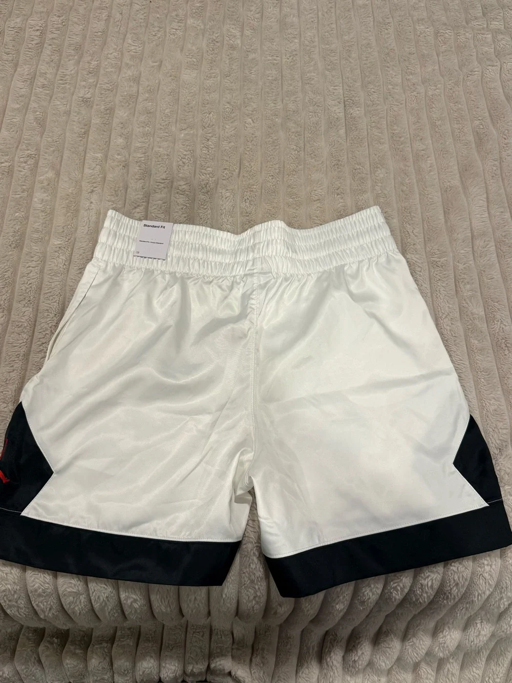Jordan White & Black Bulls Men's Basketball Shorts with Red Logos